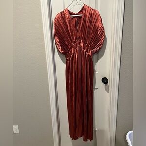 Elegant vneck orange rust Pleated Gown for formal events, wedding, women large